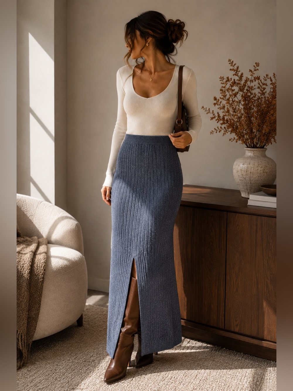 Free People Indigo Ribbed Knit Maxi Skirt Side Slit NWT M